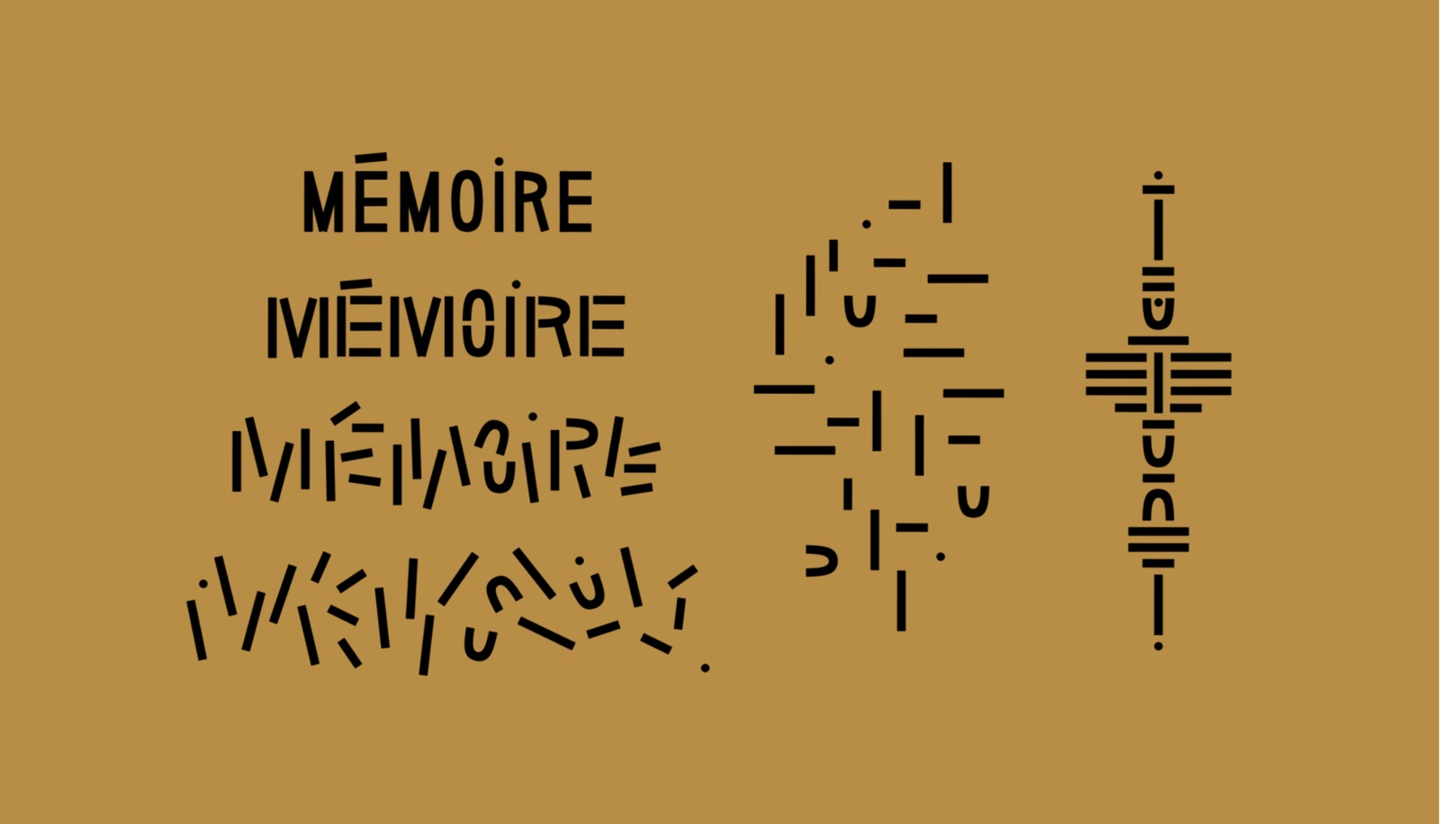 Le mot MÉMOIRE répété quatre fois sur fond ocre, se désagrégeant progressivement en traits épars.