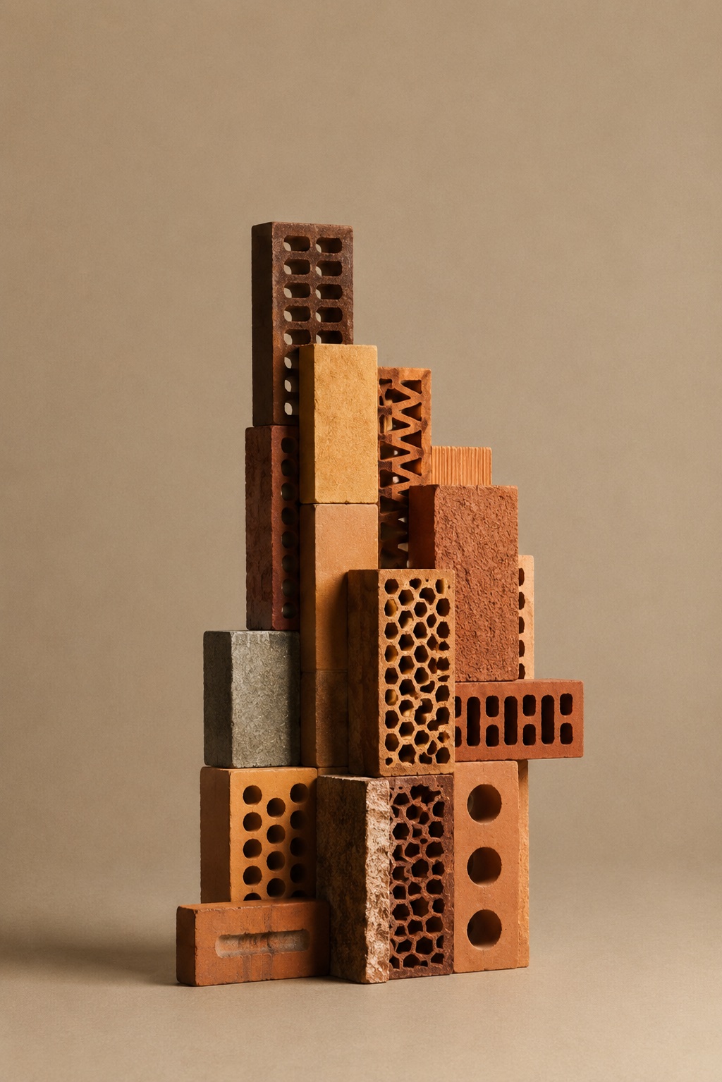 Empilement de briques de tailles et de teintes variées formant une silhouette de maison.