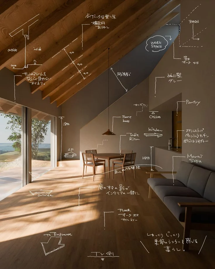 Intérieur en bois clair sous une charpente apparente, couvert d’annotations d’aménagement tracées à la craie blanche.