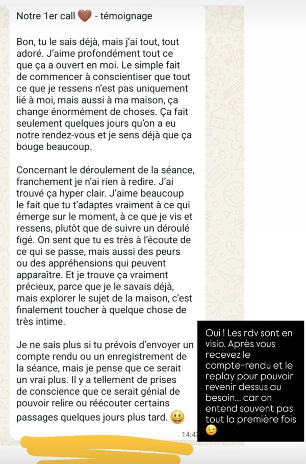 Capture d’un message d’une cliente de Margot Dandieu.