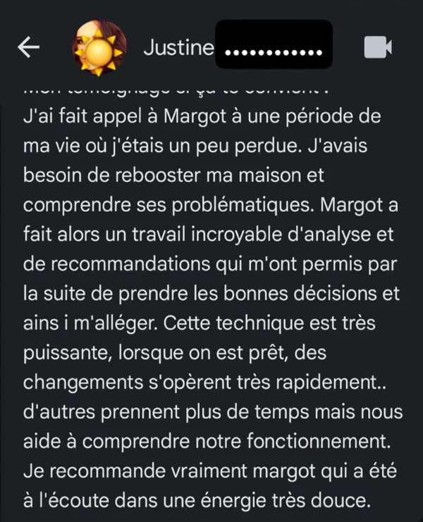 Capture d’un message d’une cliente de Margot Dandieu.