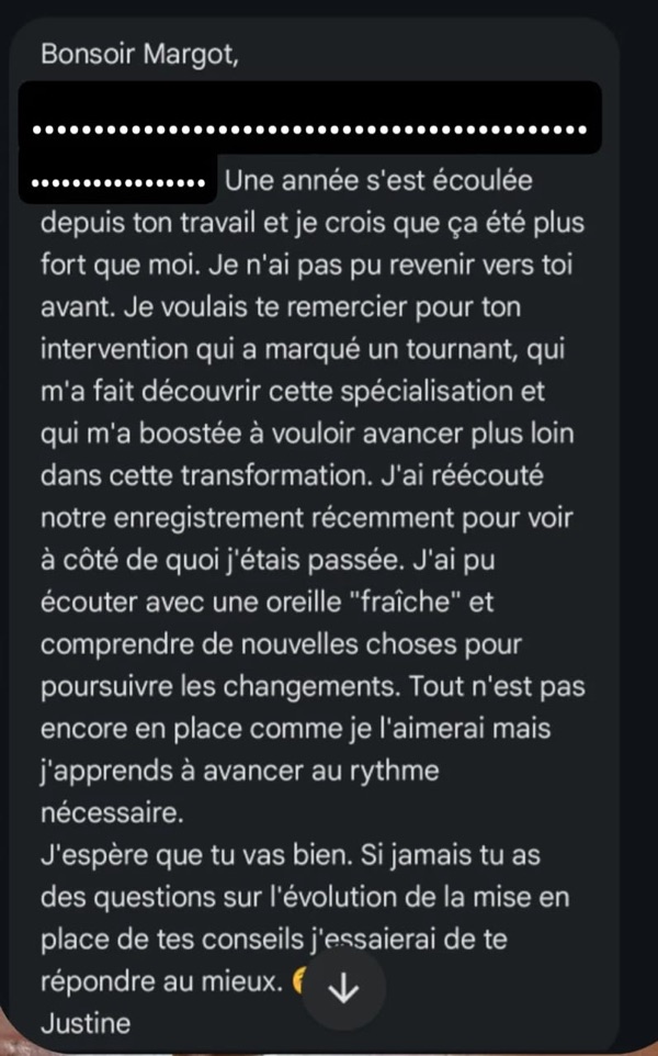 Capture d’un message d’une cliente de Margot Dandieu.