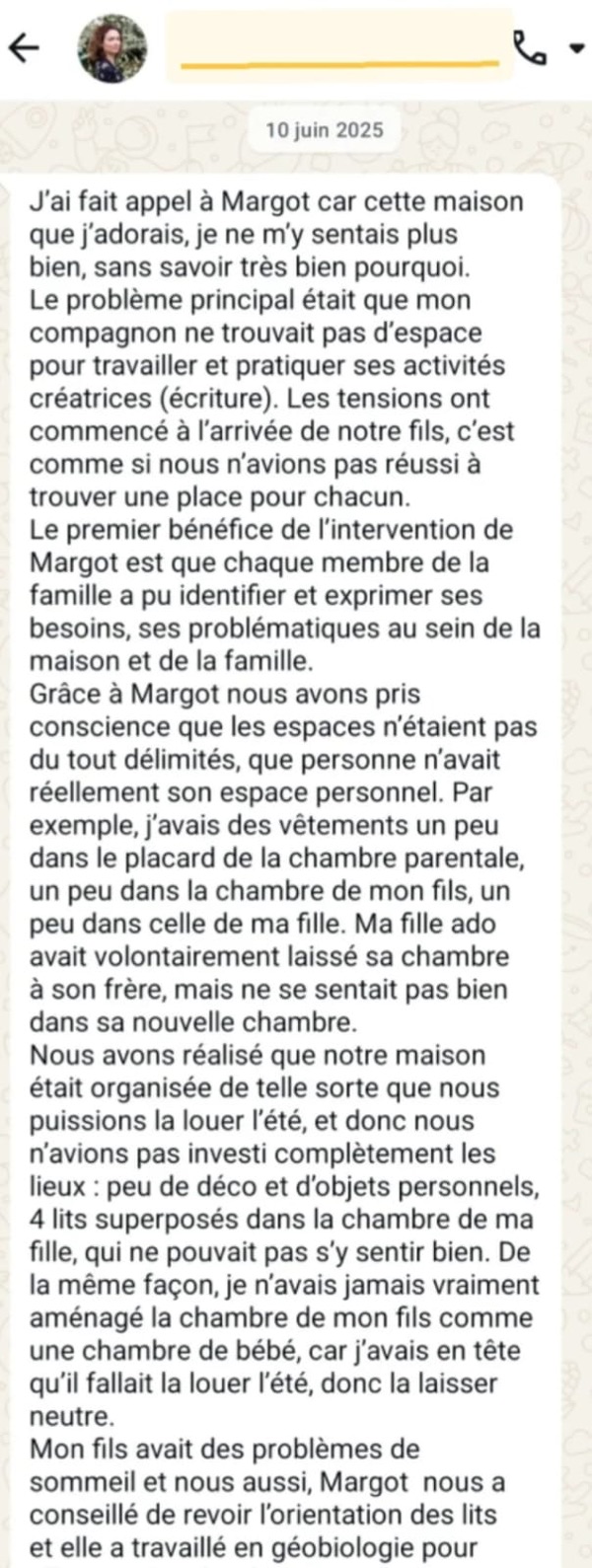 Capture d’un message d’une cliente de Margot Dandieu.